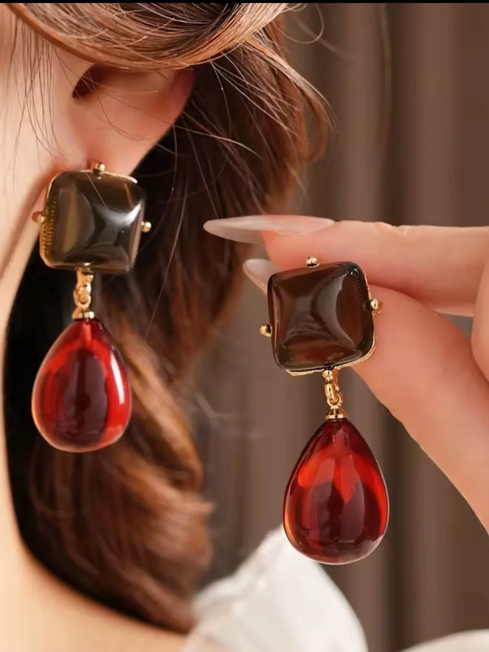 Vintage Gold-Tone Earrings with Smoky Top and Deep Red Teardrop Dangles